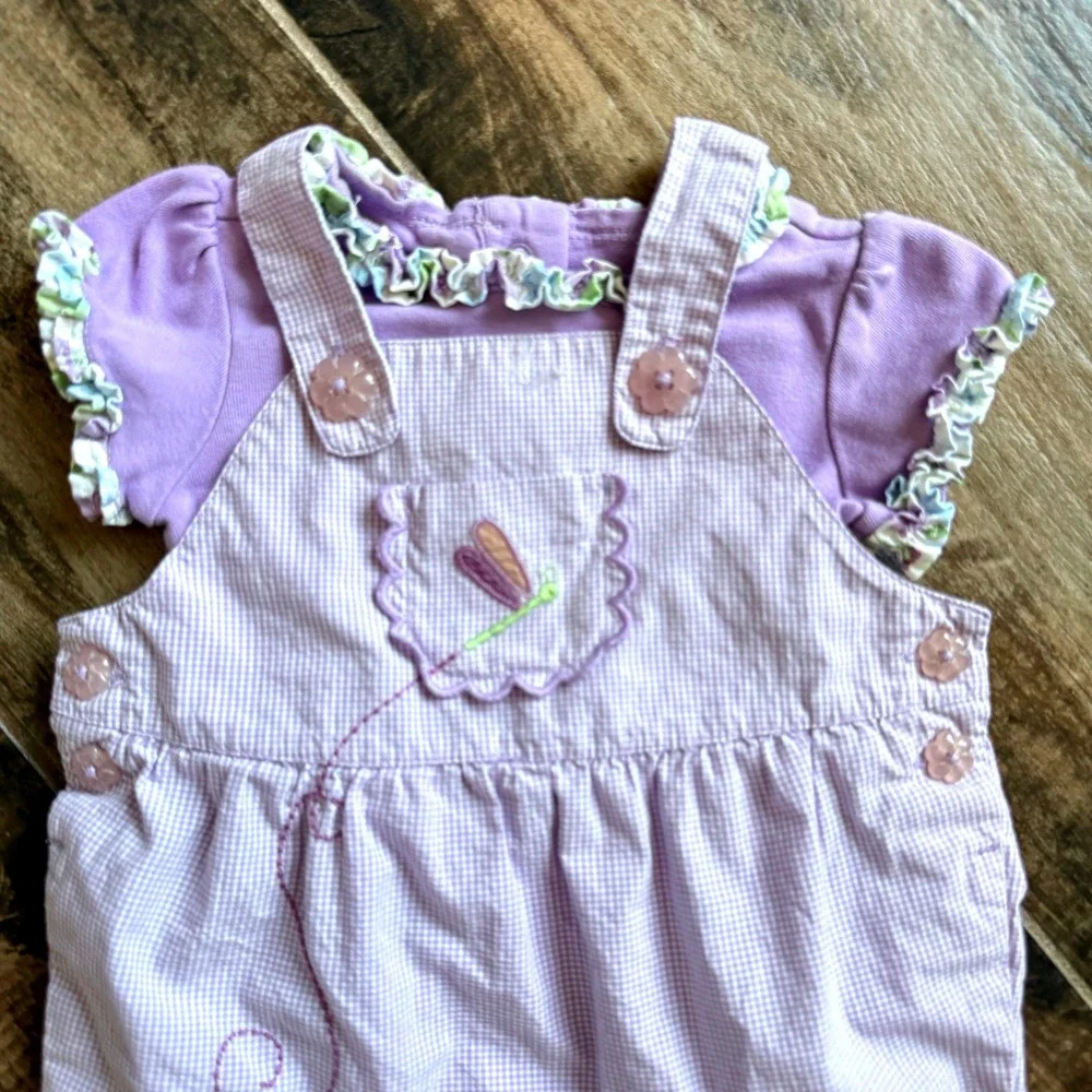 Gymboree Baby Girl 2006 Dragonfly Gingham Ruffle Overalls 2pc Set, Purple, 6-12M - Picture 2 of 13